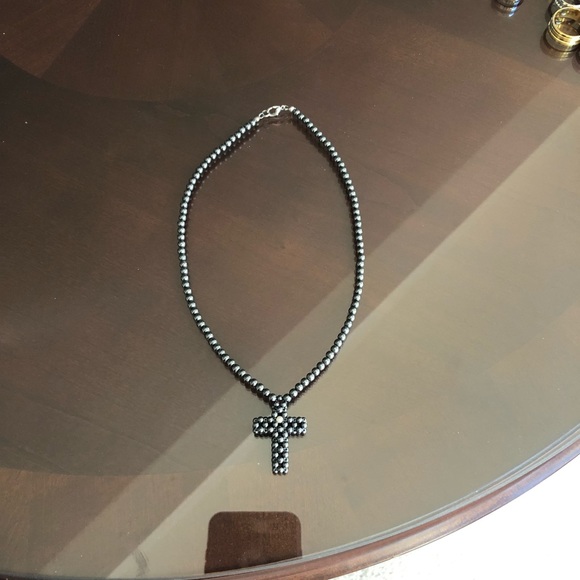 Grey Beaded Cross Necklace - Picture 4 of 5